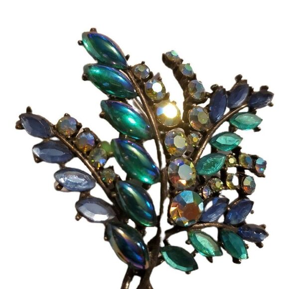Signed ART Arthur Pepper Peacock Feather Tree Rhinestone Brooch 2 3/4" Vintage - Picture 3 of 6